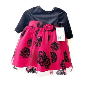 NWT Mia & Mimi Kids Girls Long Sleeve Floral Party Dress, Black & Red, 18M